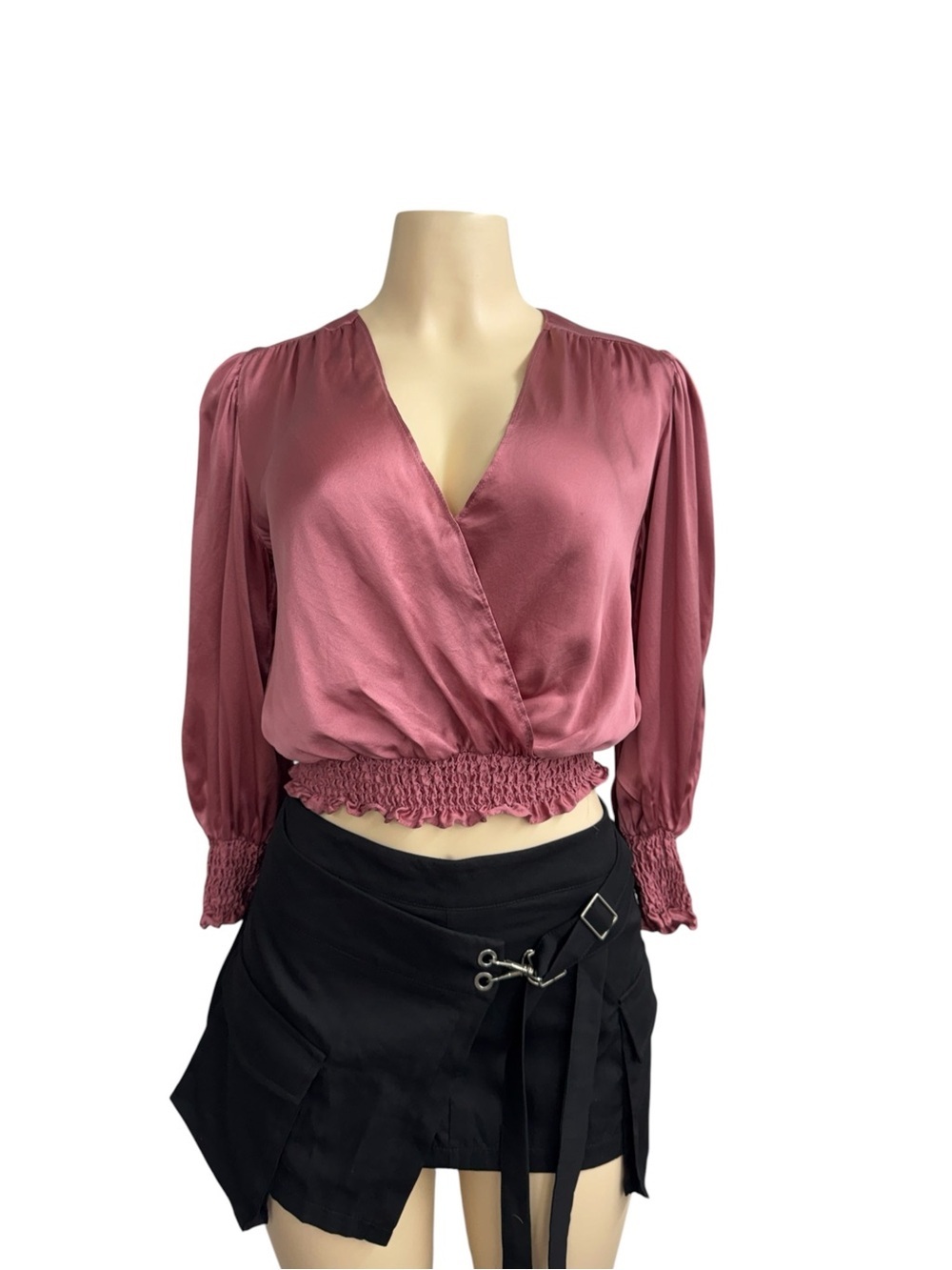 Amanda Uprichard Dusty Rose Satin Surplice Smocked-Hem Blouse